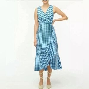 J. Crew Women's Blue White Gingham V Neck Ruffle Faux Wrap Poplin Maxi Dress | 6